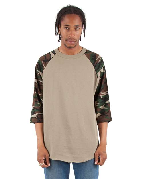 Unisex Three-Quarter Sleeve Camo Raglan T-Shirt - Olive/ Camo Green