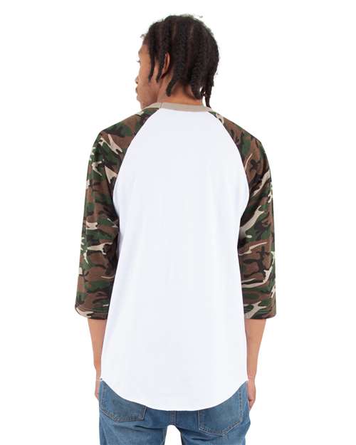 Unisex Three-Quarter Sleeve Camo Raglan T-Shirt - White/ Camo Green