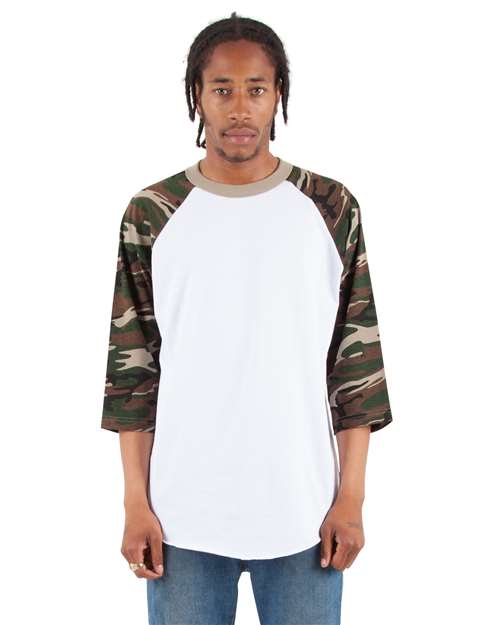 Unisex Three-Quarter Sleeve Camo Raglan T-Shirt - White/ Camo Green