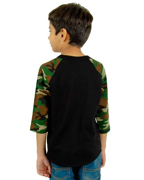 Youth Three-Quarter Sleeve Camo Raglan T-Shirt - Black/ Camo Green