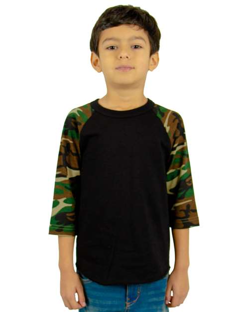 Youth Three-Quarter Sleeve Camo Raglan T-Shirt - Black/ Camo Green