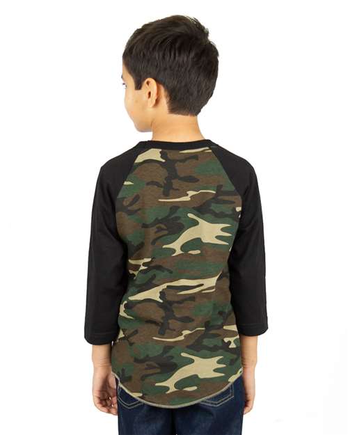 Youth Three-Quarter Sleeve Camo Raglan T-Shirt - Camo Green/ Black