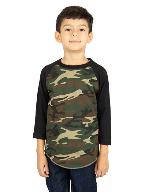 Youth Three-Quarter Sleeve Camo Raglan T-Shirt - Camo Green/ Black