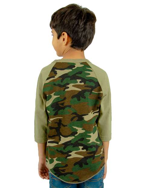 Youth Three-Quarter Sleeve Camo Raglan T-Shirt - Camo Green/ Olive
