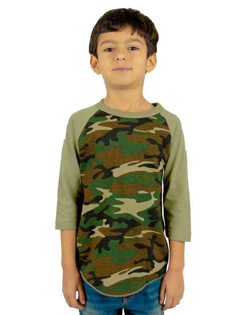 Youth Three-Quarter Sleeve Camo Raglan T-Shirt - Camo Green/ Olive