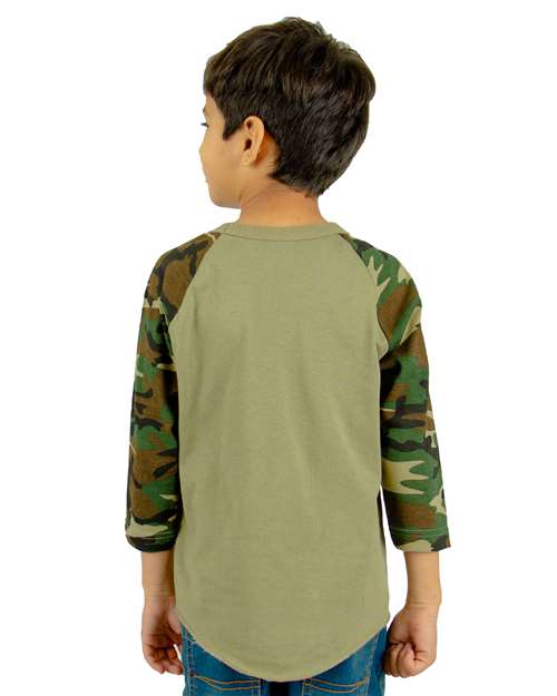 Youth Three-Quarter Sleeve Camo Raglan T-Shirt - Olive/ Camo Green
