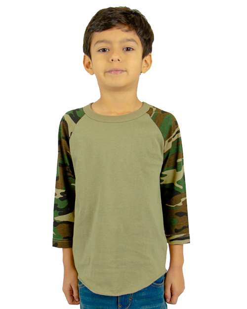 Youth Three-Quarter Sleeve Camo Raglan T-Shirt - Olive/ Camo Green