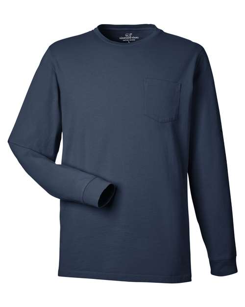 Unisex Long Sleeve Pocket T-Shirt - Blue Blazer/ White Cap