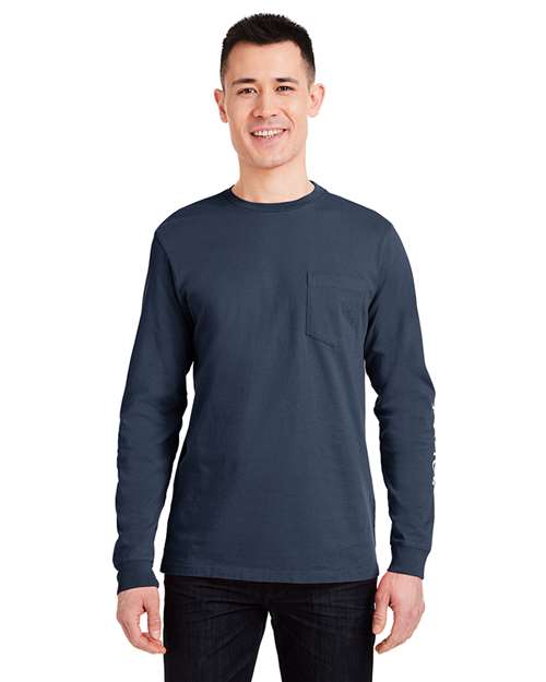 Unisex Long Sleeve Pocket T-Shirt - Blue Blazer/ White Cap
