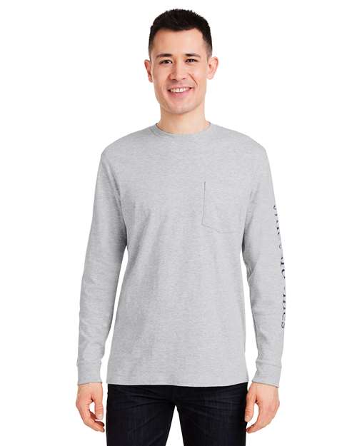 Unisex Long Sleeve Pocket T-Shirt - Grey Heather/ Blue Blazer
