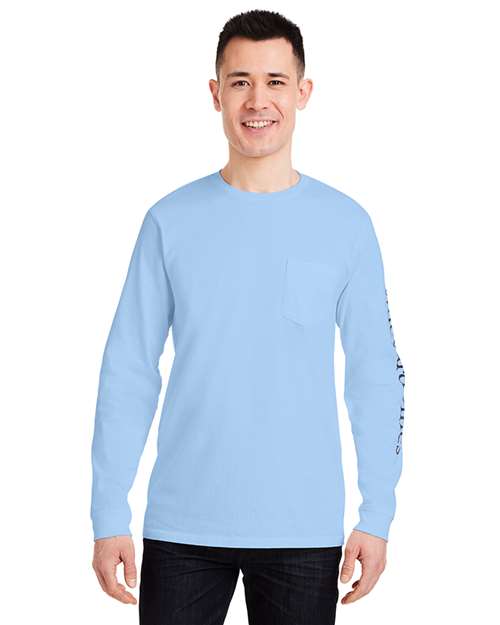 Unisex Long Sleeve Pocket T-Shirt - Jet Black/ Blue Blazer