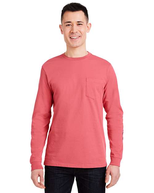 Unisex Long Sleeve Pocket T-Shirt - Jetty Red/ Blue Blazer