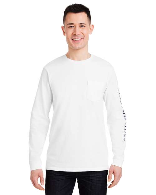 Unisex Long Sleeve Pocket T-Shirt - White Cap/ Blue Blazer