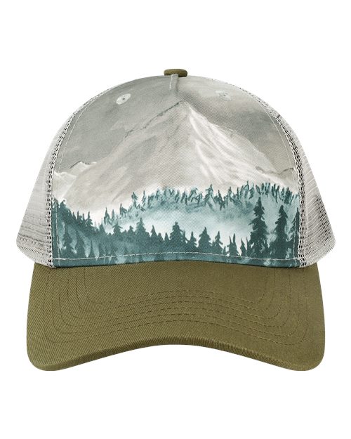 Printed Five-Panel Trucker Cap - Denali Olive Green/ Grey
