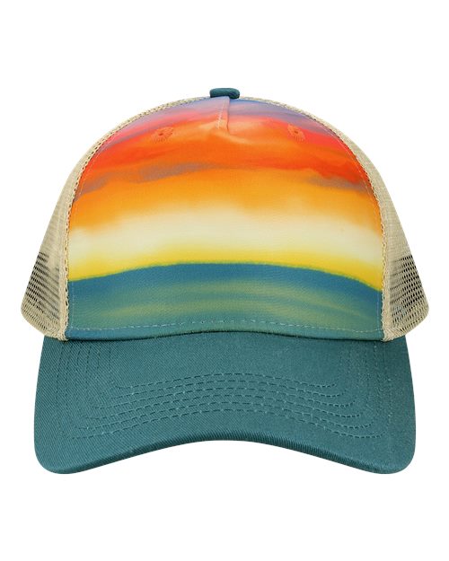 Printed Five-Panel Trucker Cap - Watercolor Sunset/ Teal