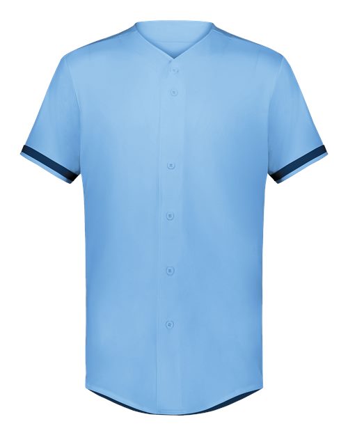 Unisex Full Button Baseball Jersey - Columbia Blue/ Navy