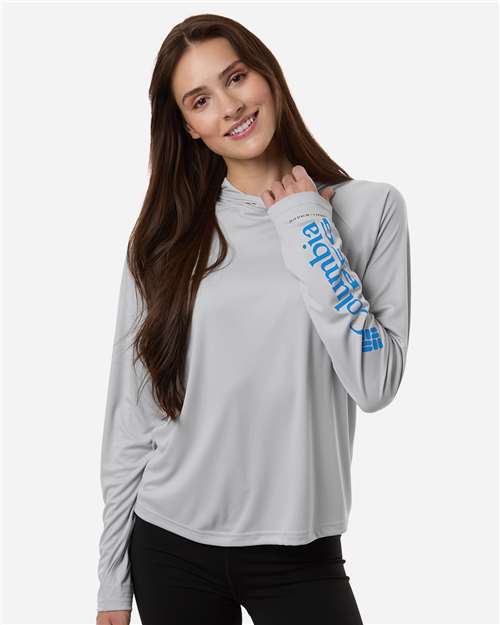 Women's PFG Tidal Tee™ Hooded Long Sleeve - Cool Grey/ Vivid Blue
