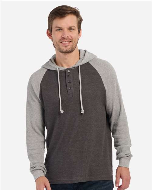 Unisex Waffle Knit Pullover Hooded Long Sleeve T-Shirt - Charcoal/ Oxford Heather