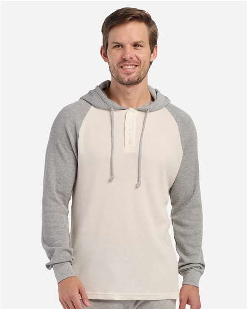 Unisex Waffle Knit Pullover Hooded Long Sleeve T-Shirt - Natural/ Oxford Heather