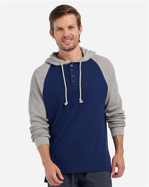 Unisex Waffle Knit Pullover Hooded Long Sleeve T-Shirt - Navy/ Oxford Heather