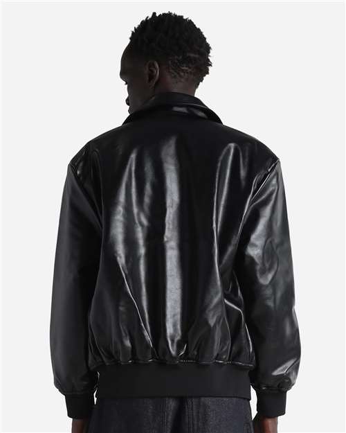 Unisex PU Leather Collared Varsity Jacket - Black