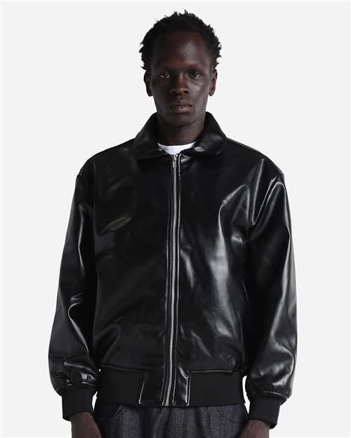 Unisex PU Leather Collared Varsity Jacket - Black
