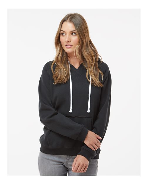 Women's Sueded V-Neck Hooded Sweatshirt - Black