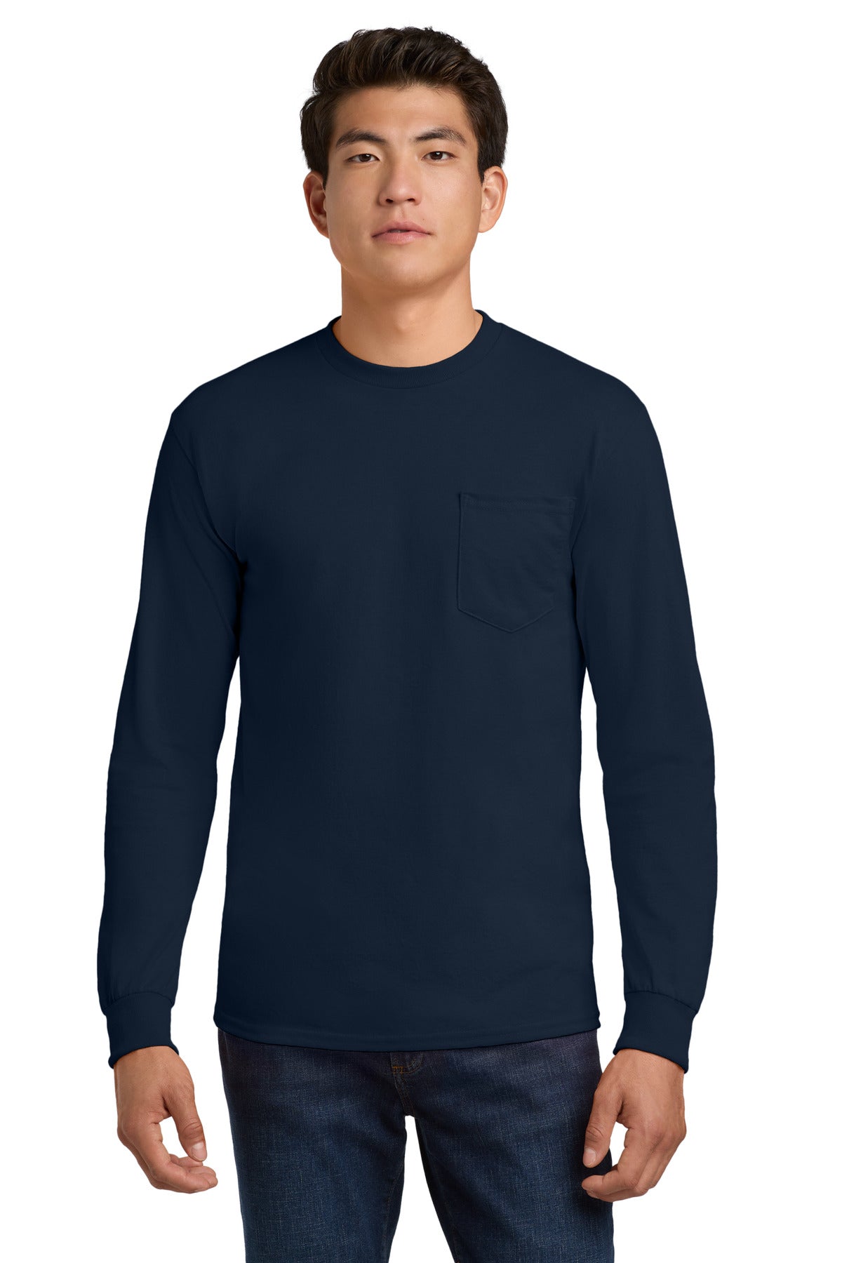 Gildan - Ultra Cotton 100% US Cotton Long Sleeve T-Shirt with Pocket - Navy