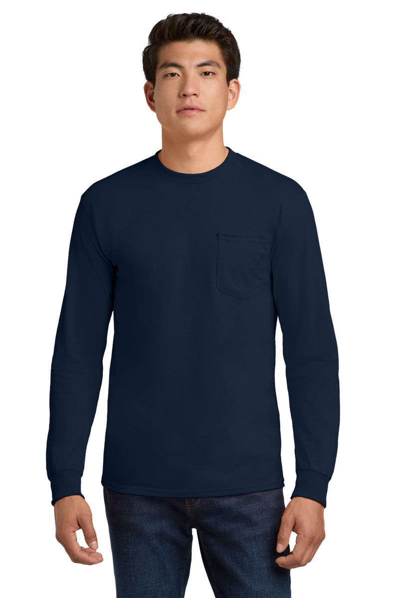 Gildan - Ultra Cotton 100% US Cotton Long Sleeve T-Shirt with Pocket - Navy