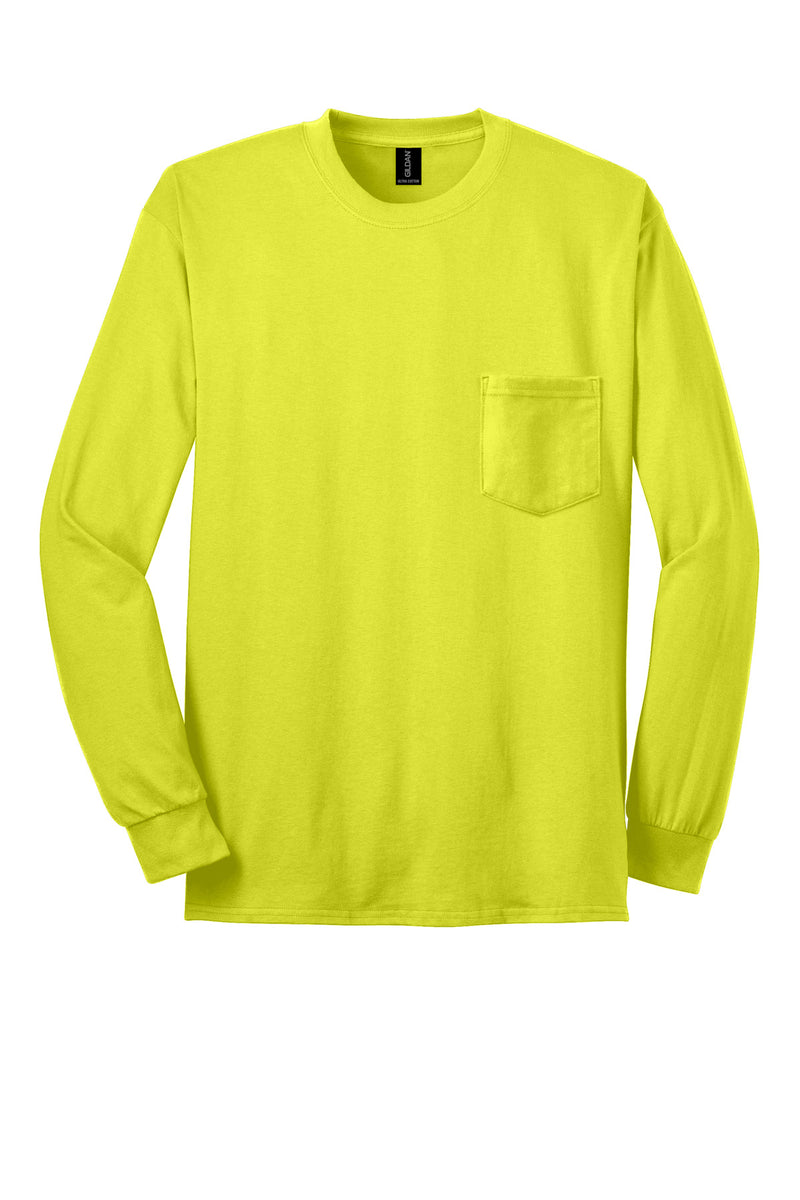 Gildan - Ultra Cotton 100% US Cotton Long Sleeve T-Shirt with Pocket - Safety Green
