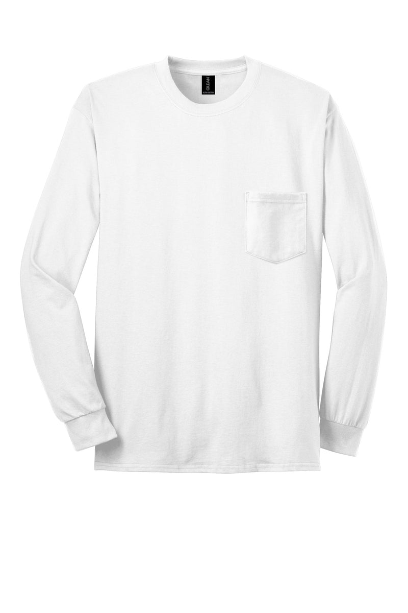 Gildan - Ultra Cotton 100% US Cotton Long Sleeve T-Shirt with Pocket - White