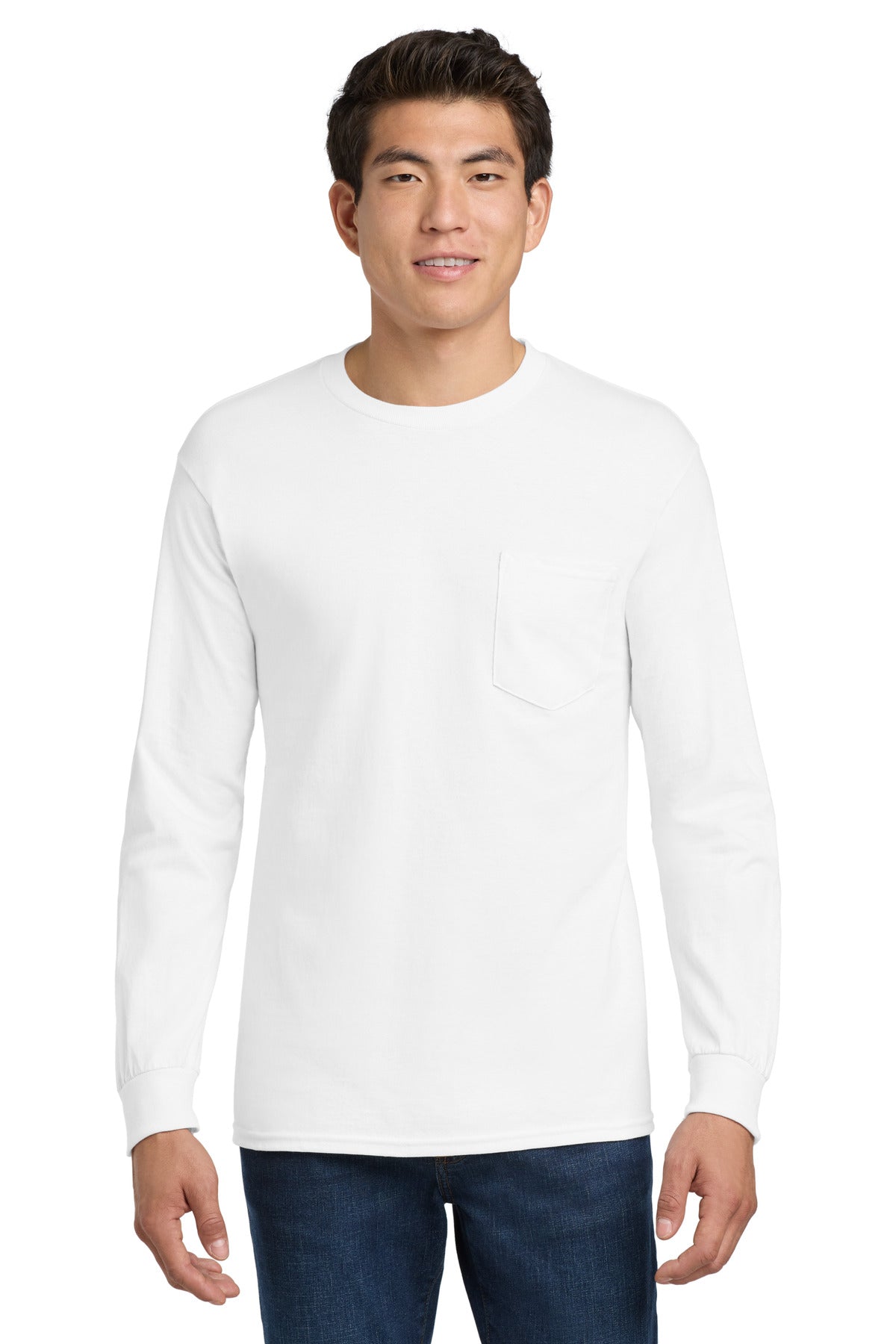 Gildan - Ultra Cotton 100% US Cotton Long Sleeve T-Shirt with Pocket - White