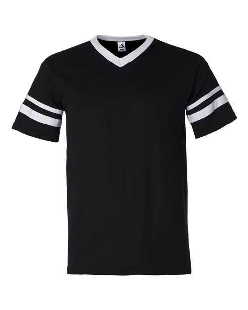 V-Neck Jersey with Striped Sleeves - Black/ White