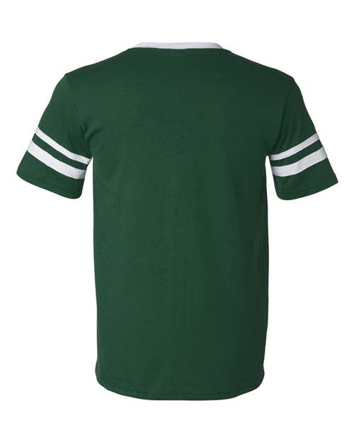 V-Neck Jersey with Striped Sleeves - Dark Green/ White