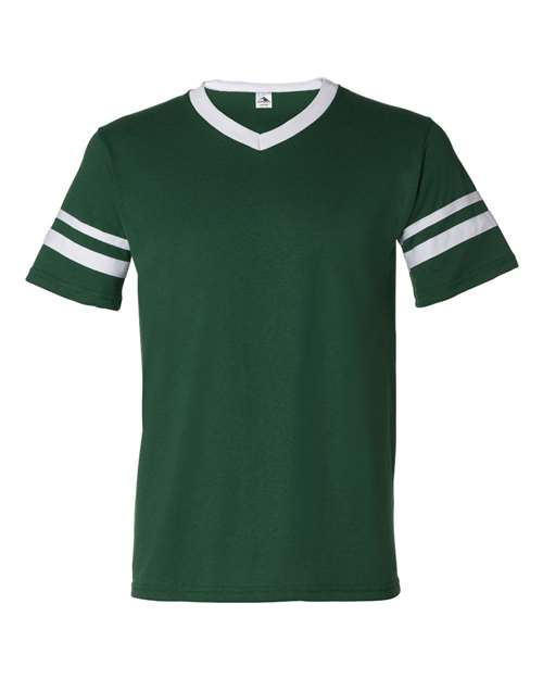 V-Neck Jersey with Striped Sleeves - Dark Green/ White