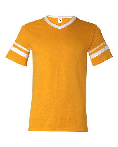 V-Neck Jersey with Striped Sleeves - Gold/ White