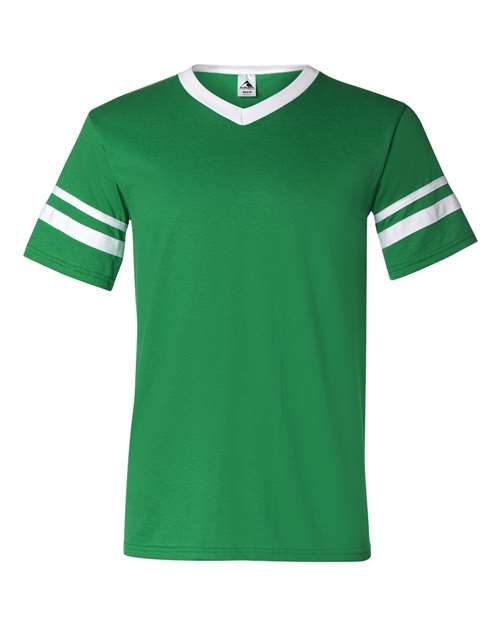 V-Neck Jersey with Striped Sleeves - Kelly/ White