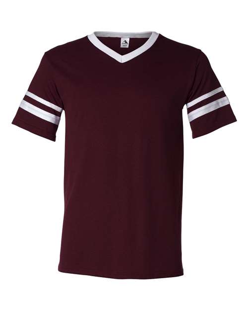 V-Neck Jersey with Striped Sleeves - Maroon/ White