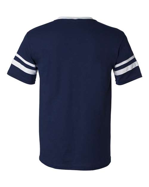 V-Neck Jersey with Striped Sleeves - Navy/ White