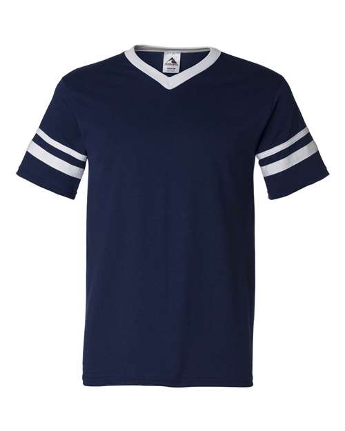 V-Neck Jersey with Striped Sleeves - Navy/ White