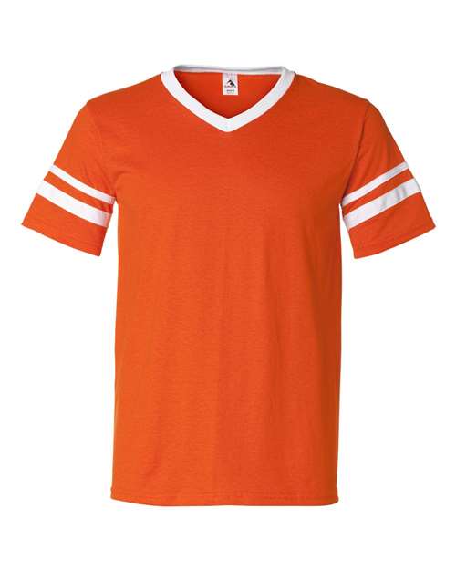 V-Neck Jersey with Striped Sleeves - Orange/ White