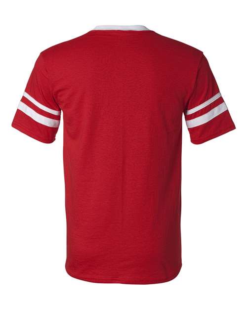 V-Neck Jersey with Striped Sleeves - Red/ White