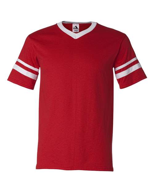 V-Neck Jersey with Striped Sleeves - Red/ White