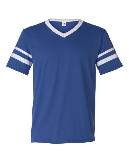 V-Neck Jersey with Striped Sleeves - Royal/ White
