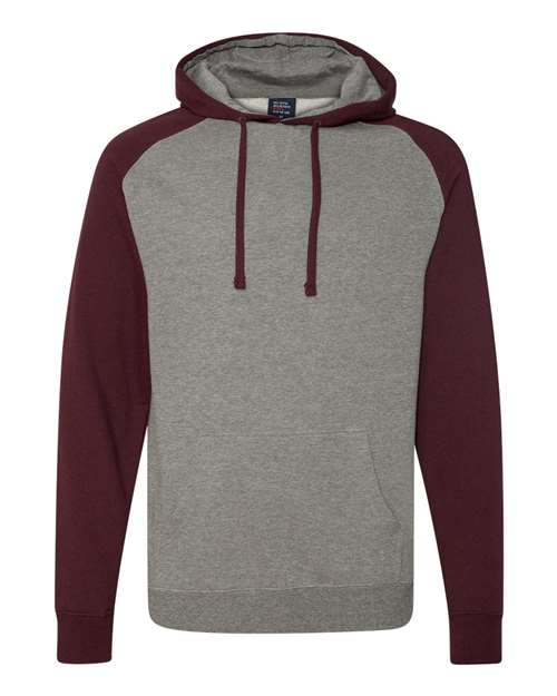 Unisex Raglan Hooded Sweatshirt - Gunmetal Heather/ Burgundy Heather