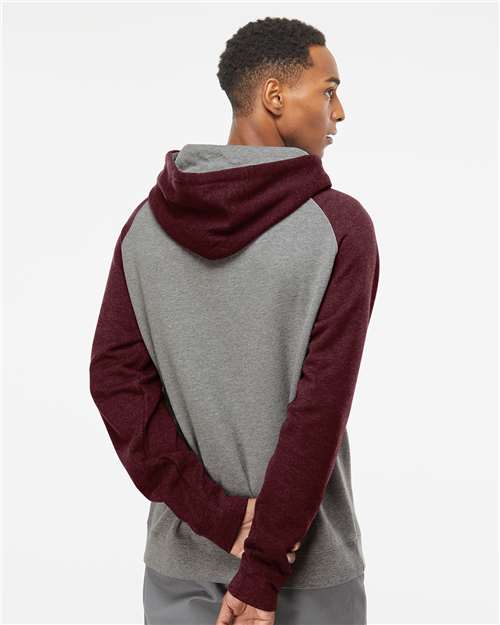 Unisex Raglan Hooded Sweatshirt - Gunmetal Heather/ Burgundy Heather