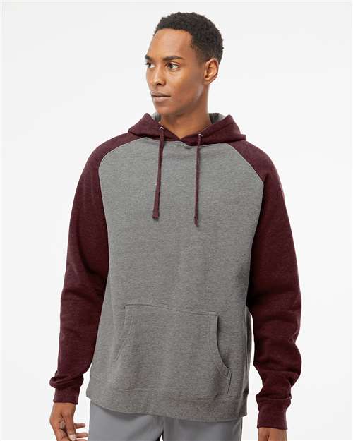 Unisex Raglan Hooded Sweatshirt - Gunmetal Heather/ Burgundy Heather