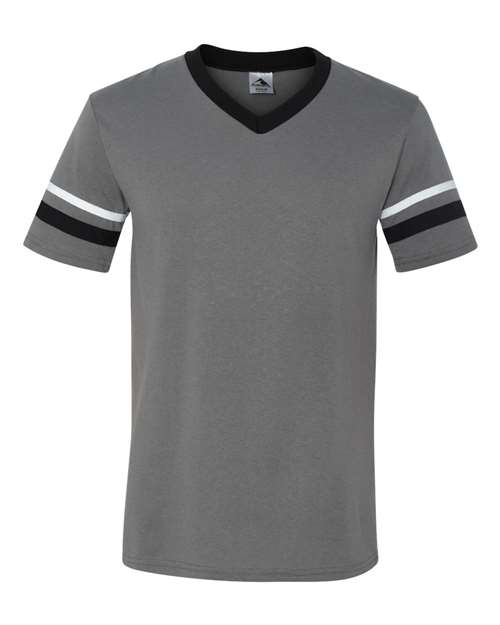 V-Neck Jersey with Striped Sleeves - Graphite/ Black/ White