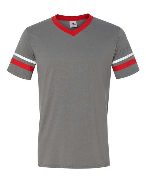 V-Neck Jersey with Striped Sleeves - Graphite/ Red/ White