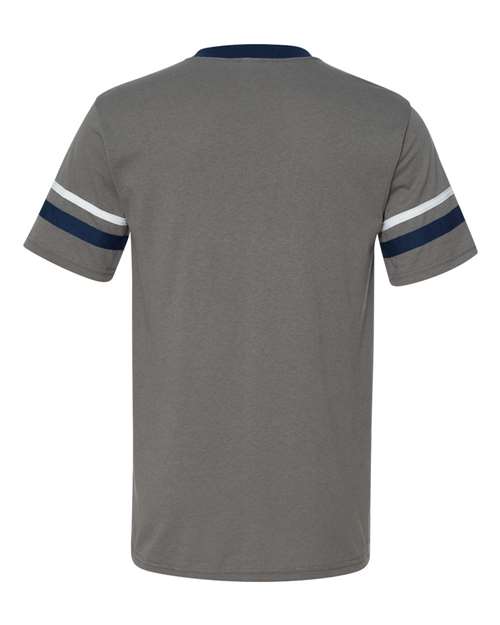 V-Neck Jersey with Striped Sleeves - Graphite/ Navy/ White